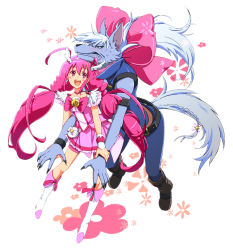 Rule 34 | 10s, 1boy, 1girl, antenna hair, bad id, bad pixiv id, belt, bike shorts, boots, bow, choker, clenched teeth, cure happy, dress, embarrassed, eyelashes, fingernails, floral background, flower, full body, furry, furry male, hair bow, hair ribbon, height difference, holding another&#039;s wrist, hoshizora miyuki, ichihara2929, knee boots, long hair, md5 mismatch, pants, pink bow, pink dress, pink eyes, pink hair, pink shorts, pink skirt, precure, ribbon, sharp teeth, shorts, shorts under skirt, skirt, smile, smile precure!, sweat, tail, teeth, twintails, werewolf, white background, white hair, wolf tail, wolfrun
