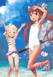 Rule 34 | 2girls, absurdres, armpits, bangs pinned back, barefoot, beach, bikini, bikini skirt, blonde hair, brown eyes, brown hair, child, cosplay, costume switch, cropped, day, fang, feet, frilled bikini, frills, from side, green eyes, hair ribbon, hairband, hat, highres, i-504 (kancolle), jiji (aardvark), kantai collection, libeccio (kancolle), luigi torelli (kancolle), multiple girls, official art, one-piece swimsuit, one-piece tan, outdoors, ribbon, scan, school swimsuit, short hair, smile, splashing, standing, standing on one leg, swimsuit, tan, tanline, toes, torpedo, twintails, unworn hat, unworn headwear, white bikini, white one-piece swimsuit, white school swimsuit