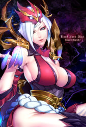 Rule 34 | 1girl, armor, armpits, arthropod girl, blood moon elise, blue eyes, braid, breasts, claws, cleavage, cleavage cutout, clothing cutout, commentary request, dark background, detached sleeves, elise (league of legends), elise de la serre, english text, glowing, headwear request, highres, insect girl, large breasts, league of legends, long hair, looking at viewer, monster girl, non (nonzile), parted lips, shadow, shoulder armor, shoulder spikes, sideboob, sketch, smile, spider girl, spikes, thighhighs, thighs, very long hair, white hair, wide sleeves