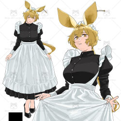 1girl alternate_costume animal_ears apron apron_hold arknights black_dress black_footwear blonde_hair breasts closed_mouth dorothy_(arknights) dress enmaided juliet_sleeves large_breasts long_hair long_sleeves maid mouse_ears mouse_girl multiple_views ojipon parted_lips puffy_sleeves shoes simple_background too_many_watermarks watermark white_apron white_background yellow_eyes