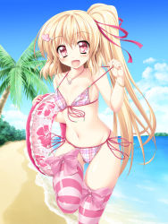 Rule 34 | 1girl, :d, beach, bikini, blonde hair, blush, bracelet, breasts, day, flandre scarlet, flat chest, floral print, hair ornament, hair ribbon, hairclip, heart, heart hair ornament, highres, hip focus, innertube, jewelry, kamiya tomoe, long hair, looking at viewer, navel, necklace, no headwear, no wings, ocean, open mouth, pink thighhighs, plaid, plaid bikini, red eyes, ribbon, sand, short hair with long locks, side ponytail, small breasts, smile, solo, standing, standing on one leg, striped clothes, striped thighhighs, swim ring, swimsuit, thighhighs, touhou, very long hair