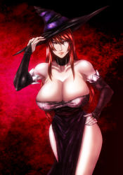 Rule 34 | 1girl, breasts, curvy, dragon&#039;s crown, dress, female focus, gradient background, hat, huge breasts, okai, red hair, solo, sorceress (dragon&#039;s crown), strapless, strapless dress, vanillaware, witch hat