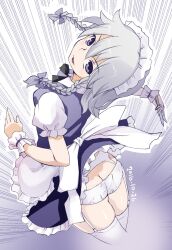 Rule 34 | 1girl, apron, ass, blue dress, blue eyes, blush, bow, braid, butt crack, commentary request, dated, dress, feet out of frame, from behind, garter belt, grey hair, hair between eyes, hair bow, head tilt, highres, izayoi sakuya, kei jiei, knife, long hair, looking at viewer, looking back, maid headdress, one-hour drawing challenge, open mouth, panties, puffy short sleeves, puffy sleeves, shaft look, shirt, short sleeves, solo, thighhighs, throwing knife, touhou, twin braids, underwear, waist apron, weapon, white apron, white panties, white shirt, white thighhighs, wrist cuffs