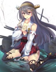 Rule 34 | 1girl, breasts, hair between eyes, hairband, haruna (kancolle), kantai collection, kneeling, long hair, looking at viewer, rain yadori, simple background, solo, swept bangs, thighhighs, torn clothes, white background
