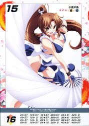 Rule 34 | 1girl, alternate color, bare shoulders, breasts, brown eyes, brown hair, cleavage, fatal fury, hand fan, highres, holding, holding fan, izumi mahiru, large breasts, long hair, looking at viewer, ninja, non-web source, official art, open mouth, pelvic curtain, ponytail, queen&#039;s blade, queen&#039;s gate, revealing clothes, scan, shiranui mai, simple background, solo, the king of fighters