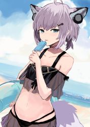Rule 34 | 1girl, ahoge, animal ears, arknights, beach, bikini, black bikini, blue eyes, blue sky, brown hair, cloud, cloudy sky, collarbone, commentary, cowboy shot, edowa, extra ears, flat chest, food, fox ears, fox girl, fox tail, hair ornament, hairclip, highres, holding, holding food, holding swim ring, innertube, looking at viewer, navel, ocean, official alternate costume, popsicle, sand, see-through, short hair, sky, solo, stomach, sussurro (arknights), sussurro (summer flower) (arknights), swim ring, swimsuit, tail, tongue, tongue out