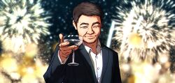 Rule 34 | 1boy, black hair, business suit, commentary, cup, ddolbang, dress shirt, drinking glass, fireworks, formal, highres, holding, holding cup, hololive, jacket, looking at viewer, male focus, mature male, meme, one eye closed, shirt, suit, suit jacket, the great gatsby, toasting (gesture), upper body, white shirt, wine glass, wrinkled skin, yagoo