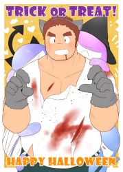 Rule 34 | 1boy, 3c pan, :d, alternate costume, animal ears, bara, belly, blood, blood from mouth, blush, brown hair, claw pose, cowboy shot, demon horns, demon tail, facial hair, facial scar, fake animal ears, tamamura gunzo, halloween, halloween costume, happy halloween, highres, horns, long sideburns, looking at viewer, male focus, muscular, muscular male, open mouth, pectoral cleavage, pectorals, scar, scar on cheek, scar on face, shirt, short hair, sideburns, smile, solo, spiked hair, spirit, stubble, tail, thick eyebrows, tokyo houkago summoners, torn clothes, torn shirt, trick or treat, wolf ears, wolf paws