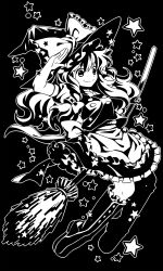 Rule 34 | 1girl, bow, broom, greyscale, hair bow, hand over face, hat, hat bow, kirisame marisa, long hair, monochrome, sash, socha, solo, star (symbol), touhou, witch hat