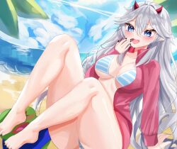 Rule 34 | 1girl, absurdres, beach, bikini, black nails, blue bikini, blue eyes, blue sky, blush, breasts, cleavage, cloud, demon girl, demon horns, fang, highres, horns, indie virtual youtuber, jacket, large breasts, long hair, looking at viewer, nail polish, open mouth, palm leaf, pink jacket, pointy ears, sand, sky, smile, striped bikini, striped clothes, swimsuit, vei (vtuber), vei (vtuber) (8th costume), virtual youtuber, wellski