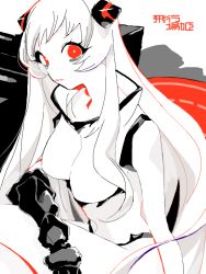 Rule 34 | 10s, 1girl, abyssal ship, airfield princess, collar, colored skin, commentary request, gauntlets, horns, kan (tachi), kantai collection, leotard, lipstick, looking at viewer, makeup, no eyebrows, red eyes, solo, translation request, white hair, white skin