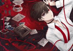 Rule 34 | 1boy, ambiguous red liquid, black eyes, brown hair, bug, butterfly, child&#039;s drawing, choker, collared shirt, cup, flower, heterochromia, highres, ichimishiyu, insect, long sleeves, looking at viewer, lying, male focus, necktie, on back, original, paper, parted lips, partially unbuttoned, photo (object), picture frame, red eyes, ribbon, shirt, short hair, solo focus, teacup, undone necktie