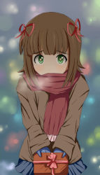 Rule 34 | 1girl, amami haruka, bad id, bad pixiv id, brown hair, gift, gloves, green eyes, heart, heart-shaped pupils, holding, holding gift, idolmaster, idolmaster (classic), incoming gift, kokuha, looking at viewer, pov, scarf, short hair, shy, solo, symbol-shaped pupils