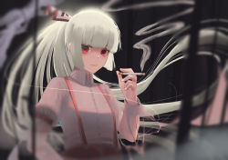 Rule 34 | 1girl, absurdly long hair, absurdres, bamboo, blunt bangs, bow, buttons, cigarette, closed mouth, collared shirt, commentary, expressionless, eyebrows hidden by hair, floating hair, fujiwara no mokou, hair bow, hand up, highres, holding, holding cigarette, juliet sleeves, long hair, long sleeves, looking at viewer, pants, puffy sleeves, red eyes, red pants, shirt, smoke, solo, suspenders, sweet reverie, touhou, upper body, very long hair, white bow, white hair, white shirt