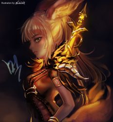 Rule 34 | 1girl, animal ears, artist name, black shirt, blade &amp; soul, blonde hair, bracelet, commission, from side, green eyes, highres, jewelry, long hair, looking at viewer, lyn (blade &amp; soul), ponytail, shirt, signature, solo, upper body
