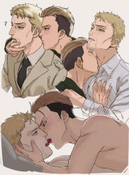 Rule 34 | 2boys, ?, blonde hair, blush, collage, cropped torso, eye contact, facial hair, finger in another&#039;s mouth, french kiss, goatee stubble, grabbing, highres, kiss, kissing neck, looking at another, male focus, marley military uniform, multiple boys, mustache stubble, nude, pectoral grab, porco galliard, reiner braun, shingeki no kyojin, shirt, short hair, sssida3, stubble, sweat, tongue, tongue out, yaoi