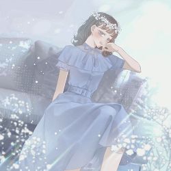 Rule 34 | 1girl, baby&#039;s-breath, belt, blue background, blue dress, blue eyes, blunt bangs, bob cut, brown hair, denim dress, dress, edwardian dress, fashion, flower, frilled dress, frills, grey eyes, hair flower, hair ornament, hand on own face, head wreath, highres, howmeni (brand), knees crossed, limited palette, model, muted color, nana kato, okitafuji, photo-referenced, portrait, real life, ribbon, short hair, sitting, solo, vintage clothes
