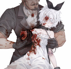 Rule 34 | 1boy, 1girl, amputee, arm grab, ascot, bare shoulders, beard, black bow, black collar, black gloves, blood, blood on clothes, blood on face, bow, breasts, broken arm, brooch, bruise, chain, chain leash, collar, dress, expressionless, facial hair, formal, gloves, guro, hair bow, highres, injury, jewelry, leash, li xueyao, missing eye, muscular, muscular male, mustache, original, short hair, simple background, small breasts, upper body, vest, white background, white dress, white eyes, white hair