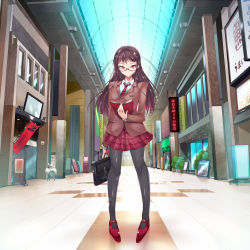 Rule 34 | 1girl, bad id, bad pixiv id, bag, black pantyhose, blazer, book, briefcase, brown hair, glasses, holding, holding book, indoors, jacket, kasai shin, lapel pin, long hair, looking at viewer, necktie, open book, original, pantyhose, pigeon-toed, pink hair, plaid, plaid skirt, plant, potted plant, red-framed eyewear, red eyes, red footwear, red necktie, school bag, school briefcase, school uniform, semi-rimless eyewear, shoes, sign, skirt, solo, standing, tile floor, tiles, under-rim eyewear, vanishing point, wing collar