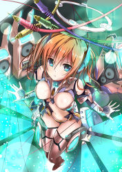 Rule 34 | 1girl, :o, armor, artist request, bad id, bad pixiv id, blue eyes, bodysuit, breasts, brown hair, cable, cleavage, from above, full body, highres, holographic interface, light particles, looking at viewer, looking up, machinery, original, parted lips, short hair, skin tight, wings, yorughi