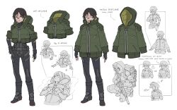 Rule 34 | 1girl, :d, absurdres, arms at sides, backpack, bag, belt, black bodysuit, bodysuit, boots, brown hair, character sheet, closed eyes, commentary, cropped jacket, english commentary, english text, fingerless gloves, flat color, full body, glasses, gloves, green jacket, gun, hand on own hip, highres, hood, hood up, hooded jacket, jacket, life vest, multiple views, open mouth, original, pilot suit, rifle, science fiction, short hair, smile, standing, very short hair, weapon, white background, yellow eyes, zen (jirakun)