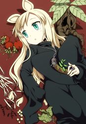 Rule 34 | 1girl, animal ears, aqua eyes, bad id, bad pixiv id, blonde hair, hair tubes, hat, ikura hato, jewelry, leaf, long hair, lying, mandragora, necklace, on back, original, pendant, plant, ring, robe, shadow, solo, witch, witch hat