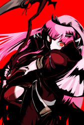 Rule 34 | 1girl, blunt bangs, cloak, highres, holding, holding scythe, holding weapon, hololive, hololive english, long hair, mori calliope, not nodu, pink hair, red bag, red cloak, red eyes, red thighhighs, scythe, see-through, shaded face, simple background, solo, spikes, thighhighs, tiara, torn cloak, torn clothes, veil, virtual youtuber, weapon