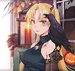 Rule 34 | 1girl, :p, animal, autumn leaves, bare shoulders, bird, bird on hand, black sweater, blonde hair, blush, breasts, brown eyes, brown gloves, commentary, crow, elbow gloves, english commentary, facial mark, gloves, hair between eyes, halloween, hand up, highres, horns, jack-o&#039;-lantern, leaf, long hair, looking at viewer, medium breasts, original, parted bangs, ribbed sweater, sleeveless, sleeveless turtleneck, smile, solo, sparkle, sweater, tongue, tongue out, tugo, turtleneck, turtleneck sweater, very long hair