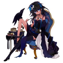 Rule 34 | 1girl, anklet, bare shoulders, bird, black hair, blue eyes, bracelet, cake, chair, crow, cupcake, dress, earrings, elbow gloves, food, fork, gloves, high heels, jewelry, long hair, mizushirazu, necklace, original, pastry, ring, shoes, single glove, single thighhigh, solo, table, thighhighs