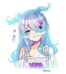 Rule 34 | 1girl, blue eyes, blue hair, dragon girl, elira pendora, elira pendora (1st costume), grey sweater, hair ornament, hair over one eye, hairclip, head wings, heart, highres, light blush, long hair, long sleeves, looking at viewer, mole, multicolored hair, nijisanji, nijisanji en, off-shoulder sweater, off shoulder, one eye covered, overalls, rewolf, simple background, smile, solo, sweater, twitter username, upper body, virtual youtuber, white background, white hair, wings
