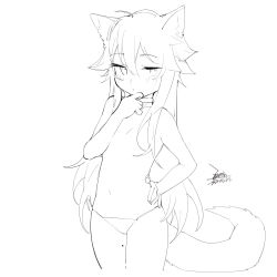 Rule 34 | 1girl, animal ears, breasts, closed mouth, dated, dot mouth, ejami, ekko (ejami), fox ears, fox girl, fox tail, hair between eyes, hand on own chin, hand on own hip, lineart, long hair, mole, mole on thigh, original, panties, simple background, small breasts, tail, topless, underwear, underwear only, very long hair, white background