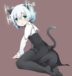 Rule 34 | 1girl, animal ears, ass, bad id, bad pixiv id, black pantyhose, blush, cat ears, cat tail, green eyes, hirschgeweih antennas, kinakomoti, looking at viewer, military, military uniform, open mouth, panties, panties under pantyhose, pantyhose, sanya v. litvyak, short hair, silver hair, simple background, solo, strike witches, tail, underwear, uniform, world witches series