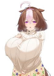 Rule 34 | 1girl, absurdres, ahoge, alternate breast size, animal ears, beige sweater, blue ribbon, blush, bow, breasts, brown hair, chestnut mouth, ear ribbon, expressionless, floral print, hair between eyes, hairband, half-closed eyes, hand on own chest, heavy breathing, highres, horse ears, horse girl, horse tail, huge breasts, long sleeves, medium hair, meisho doto (umamusume), multicolored hair, noe (ppppriver), parted lips, pink hairband, purple eyes, ribbed sweater, ribbon, shirt tug, simple background, skirt, solo, streaked hair, sweater, tail, turtleneck, turtleneck sweater, umamusume, upper body, white background, yellow skirt