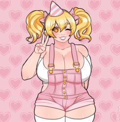 Rule 34 | 1girl, bare shoulders, blonde hair, breasts, brown eyes, cleavage, headphones, highres, huge breasts, looking at viewer, nitroplus, one eye closed, overalls, plump, smile, solo, standing, super pochaco, thick thighs, thighhighs, thighs, twintails, v, wink