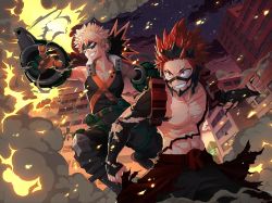 Rule 34 | 2boys, abs, bakugou katsuki, belt, blonde hair, boku no hero academia, building, clenched hand, commentary, cracked skin, english commentary, explosion, explosive, fire, gloves, green belt, green gloves, grenade, grin, insecureillu, kirishima eijirou, knee pads, male focus, multiple boys, night, orange gloves, red eyes, red hair, school uniform, sharp teeth, sky, smile, smoke, spiked hair, star (sky), starry sky, teeth, topless male, torn clothes, two-tone gloves