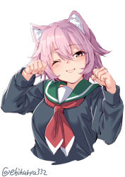 Rule 34 | 1girl, animal ears, black cardigan, blush, cardigan, cat ears, clenched hands, cropped torso, ebifurya, green sailor collar, hair between eyes, highres, kantai collection, long sleeves, neckerchief, one eye closed, paw pose, pink hair, red eyes, red neckerchief, sailor collar, school uniform, serafuku, short hair, simple background, smile, solo, tama (kancolle), twitter username, white background