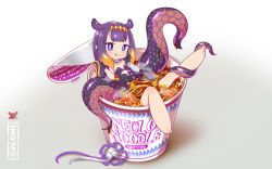 Rule 34 | 1girl, :q, bare legs, barefoot, blunt bangs, blush, brand name imitation, breasts, chaki (teasets), chibi, commentary request, cthulhu mythos, cup, dress, english text, food, gloves, highres, hololive, hololive english, in container, in cup, in food, instant ramen, long hair, looking at viewer, mini person, minigirl, monster girl, ninomae ina&#039;nis, ninomae ina&#039;nis (1st costume), nissin cup noodle, noodles, pointy ears, purple eyes, purple hair, simple background, small breasts, smile, solo, steam, tentacle hair, tentacles, tongue, tongue out, virtual youtuber