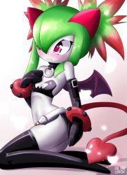 Rule 34 | 1girl, bat wings, blush, boots, choker, cosplay, creatures (company), disgaea, elbow gloves, etna (disgaea) (cosplay), game freak, gen 3 pokemon, gloves, kirlia, nintendo, no humans, pink eyes, pokemon, pokemon (creature), rilex lenov, tail, thigh boots, thighhighs, twintails, wings