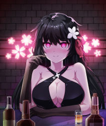 Rule 34 | 1girl, alcohol, bar (place), bare shoulders, black dress, black gloves, black hair, blush, breasts, cherry blossoms, cleavage, collarbone, dress, girls&#039; frontline, gloves, hair ribbon, highres, large breasts, long hair, looking at viewer, pink eyes, ribbon, smile, solo, soribit95, type 100 (girls&#039; frontline), type 100 (tale of the butterflies) (girls&#039; frontline), very long hair