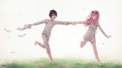 Rule 34 | 10s, 1boy, 1girl, barefoot, black hair, blue eyes, closed eyes, commentary, couple, darling in the franxx, english commentary, flower, glasses, hair flower, hair ornament, hetero, highres, hiro (darling in the franxx), holding, holding another&#039;s wrist, holding hands, holding own arm, holding paper, horns, leg up, long hair, looking at another, night, nightgown, oni horns, pajamas, pants, paper, petals, pink hair, red horns, sasplayer, shirt, short hair, white nightgown, white pajamas, white pants, white shirt, zero two (darling in the franxx)