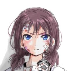 Rule 34 | 1girl, bandaged hand, bandages, bandaid, bandaid on face, blood, blood on face, blue eyes, brown hair, bruise, girls band cry, holding, holding microphone, injury, iseri nina, looking at viewer, low twintails, lowres, microphone, portrait, raya (yuri15923), short hair, short twintails, simple background, solo, twintails, white background
