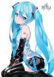 Rule 34 | 1girl, :&lt;, arms between legs, bare shoulders, black footwear, black skirt, black sleeves, blue eyes, blue hair, blue necktie, boots, breasts, character name, closed mouth, collared shirt, detached sleeves, dot nose, frilled shirt, frills, from side, full body, hatsune miku, highres, long hair, long sleeves, looking at viewer, miniskirt, necktie, number tattoo, pleated skirt, shirt, simple background, sitting, skirt, sleeveless, sleeveless shirt, small breasts, solo, takepon1123, tattoo, thigh boots, thighhighs, tie clip, twintails, very long hair, vocaloid, wariza, white background, white shirt, zettai ryouiki