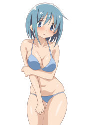 Rule 34 | 1girl, absurdres, blue eyes, blue hair, breasts, cleavage, hateri, highres, looking at viewer, mahou shoujo madoka magica, medium breasts, miki sayaka, short hair, simple background, solo, swimsuit