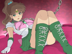 Rule 34 | 1girl, bed, bishoujo senshi sailor moon, blush, boots, bow, breasts, brown hair, chain, chained, collar, earrings, embarrassed, female focus, from below, gloves, green eyes, green skirt, groin, hand up, high ponytail, indoors, jewelry, kino makoto, knees together feet apart, legs, leotard, long hair, looking at viewer, looking down, lying, medium breasts, on bed, open mouth, pink bow, ponytail, sailor jupiter, skirt, slave, solo, tarekatsu, thighs, tiara
