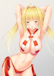Rule 34 | 1girl, ahoge, armpits, arms behind head, bikini, blonde hair, breasts, closed mouth, commentary request, fate/grand order, fate (series), green eyes, grey background, hair intakes, halterneck, highres, large breasts, long hair, looking to the side, navel, nero claudius (fate), nero claudius (fate) (all), nero claudius (swimsuit caster) (fate), side-tie bikini bottom, simple background, smile, solo, striped bikini, striped clothes, swimsuit, tsugaru (co-walker), twintails