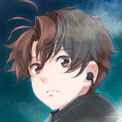 Rule 34 | 1boy, aldnoah.zero, blue background, brown eyes, brown hair, chiyoko, close-up, expressionless, floating hair, kaizuka inaho, looking down, male focus, messy hair, portrait, solo