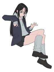 1girl black_eyes black_hair black_skirt blazer closed_mouth crossed_legs grey_hoodie highres hood hoodie jacket legs legs_together loafers long_hair looking_at_viewer loose_socks miniskirt original pleated_skirt shoes sidelocks simple_background sitting skirt socks solo start_furuike thighs