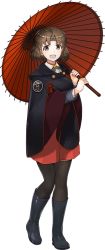 Rule 34 | 10s, 1girl, :d, black footwear, black pantyhose, boots, breasts, brown eyes, brown hair, chiyoda (kancolle), full body, hakama, hakama skirt, headband, holding, holding umbrella, japanese clothes, kantai collection, knee boots, kuuro kuro, long sleeves, official art, oil-paper umbrella, open mouth, pantyhose, raincoat, rubber boots, short hair, skirt, smile, solo, standing, thighhighs, transparent background, umbrella