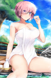 Rule 34 | 1girl, absurdres, black-framed eyewear, blue sky, blush, breasts, closed mouth, cloud, collarbone, commentary request, day, eyes visible through hair, fate/grand order, fate (series), glasses, hair over one eye, highres, holding, jjdan, large breasts, mash kyrielight, naked towel, nature, onsen, outdoors, pink hair, plant, purple eyes, short hair, sitting, sky, solo, towel, tree, water, white towel
