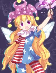 Rule 34 | 1girl, akagashi hagane, american flag dress, american flag legwear, arm up, blonde hair, clownpiece, fairy wings, hat, jester cap, long hair, looking at viewer, open mouth, pantyhose, print pantyhose, purple eyes, short sleeves, smile, solo, star (symbol), striped clothes, striped pantyhose, touhou, very long hair, wings